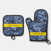 Navy Blue Camouflage Jouw naam personaliseren Ovenwant & Pannenlap Set (Voorkant)