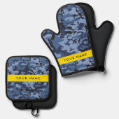 Navy Blue Camouflage Jouw naam personaliseren Ovenwant & Pannenlap Set (Voorkant / Achterkant)
