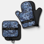 Navy Blue Camouflage Jouw naam personaliseren Ovenwant & Pannenlap Set (Voorkant / Achterkant)