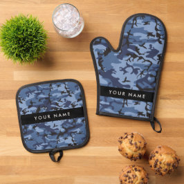 Navy Blue Camouflage Jouw naam personaliseren Ovenwant & Pannenlap Set