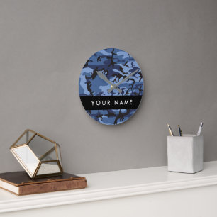 Navy Blue Camouflage Jouw naam personaliseren Ronde Klok