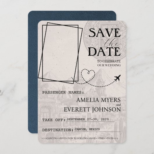 Navy Blue Cancun Passport Bewaar de datum Save The Date (Voorkant / Achterkant)
