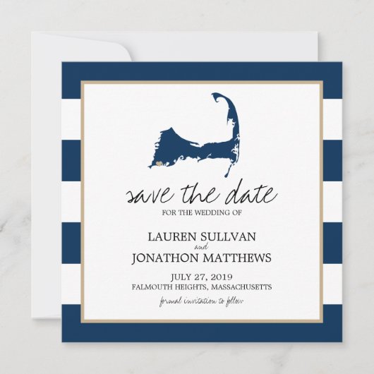 Navy Blue Cape Cod Map Wedding Save the Date (Voorkant)