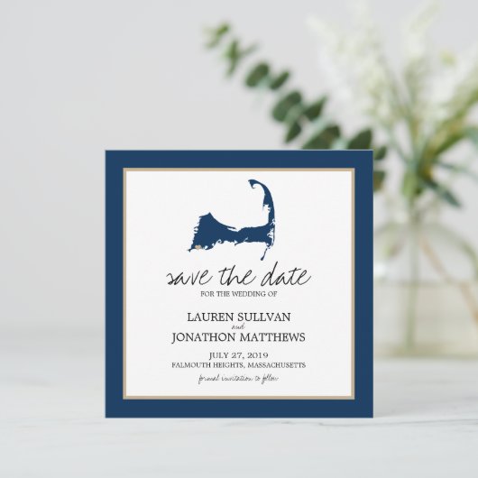 Navy Blue Cape Cod Map Wedding Save the Date (Staand voorkant)