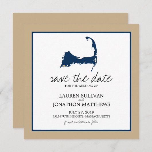 Navy Blue Cape Cod Map Wedding Save the Date (Voorkant / Achterkant)