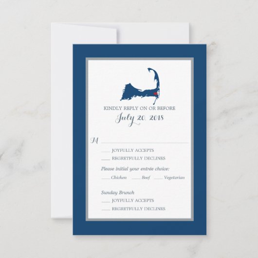 Navy Blue Cape Cod met hart | Bruiloft RSVP menu (Voorkant)