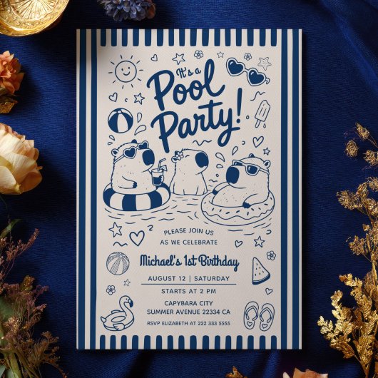 Navy Blue Capybara Zwembad Feest 1e Verjaardagsfee Kaart