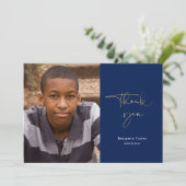 Navy Blue Casual Script Photo Afstuderen Hartelijk Bedankkaart (Staand voorkant)