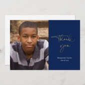 Navy Blue Casual Script Photo Afstuderen Hartelijk Bedankkaart (Voorkant / Achterkant)