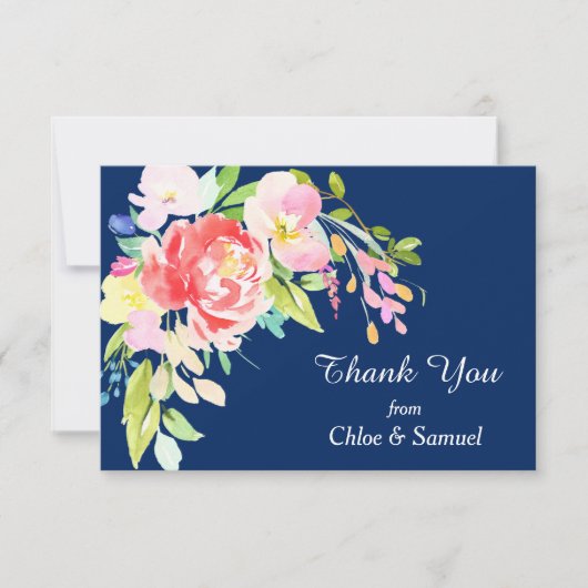 Navy Blue Cattails en Floral Wedding Dank u Bedankkaart (Voorkant)