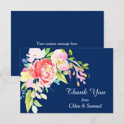 Navy Blue Cattails en Floral Wedding Dank u Bedankkaart (Voorkant / Achterkant)