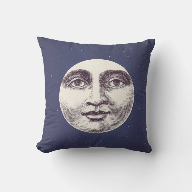 Navy Blue Celestial  Man in het Moon Face Kussen (Voorkant)