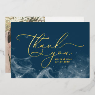Navy Blue Celestial Stars Dank u bruiloft foto Folie Feestdagenkaart