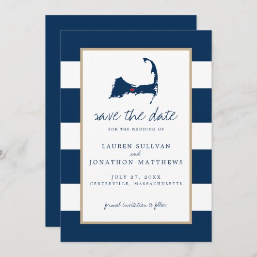Navy Blue Centerville Cape Cod Map opslaan op datu Save The Date (Voorkant / Achterkant)