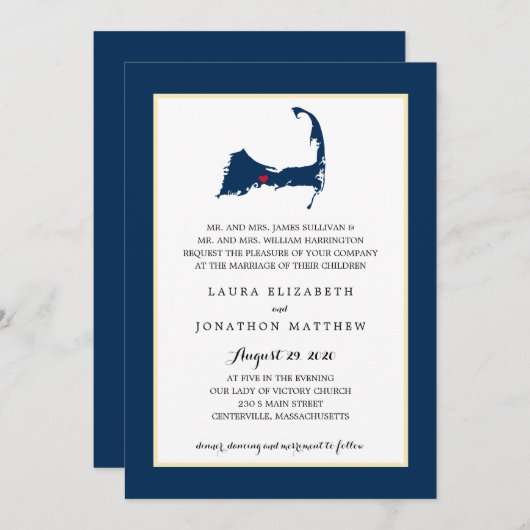 Navy Blue Centerville Cape Cod Map Wedding Kaart (Voorkant / Achterkant)