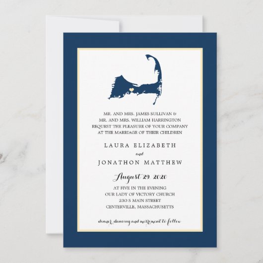 Navy Blue Centerville Cape Cod Map Wedding Kaart (Voorkant)