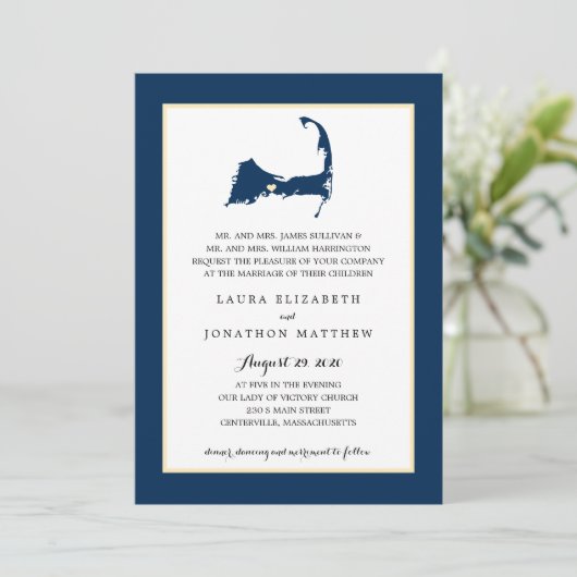 Navy Blue Centerville Cape Cod Map Wedding Kaart (Staand voorkant)