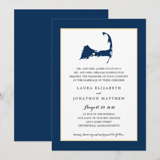 Navy Blue Centerville Cape Cod Map Wedding Kaart (Voorkant / Achterkant)