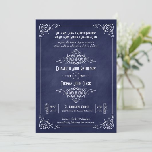 Navy Blue Chalkboard Art Deco Wedding Invitations Kaart (Staand voorkant)