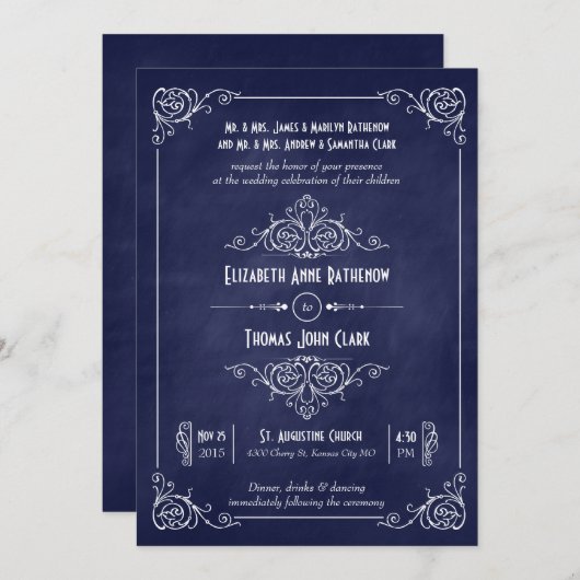 Navy Blue Chalkboard Art Deco Wedding Invitations Kaart (Voorkant / Achterkant)
