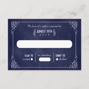 Navy Blue Chalkboard Art Deco Wedding RSVP Kaarten