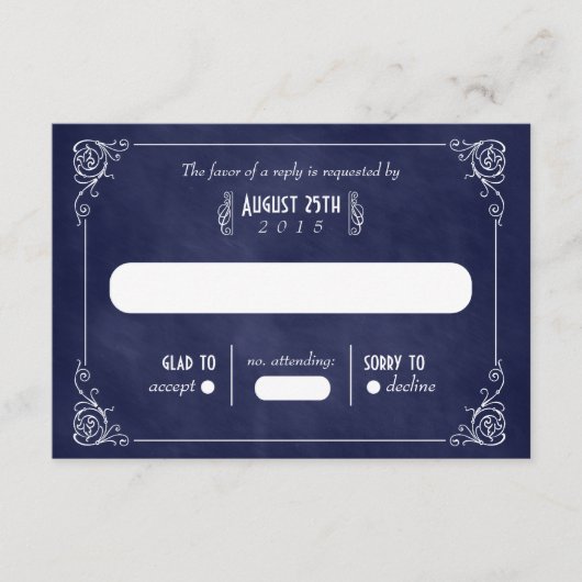 Navy Blue Chalkboard Art Deco Wedding RSVP Kaarten (Voorkant)