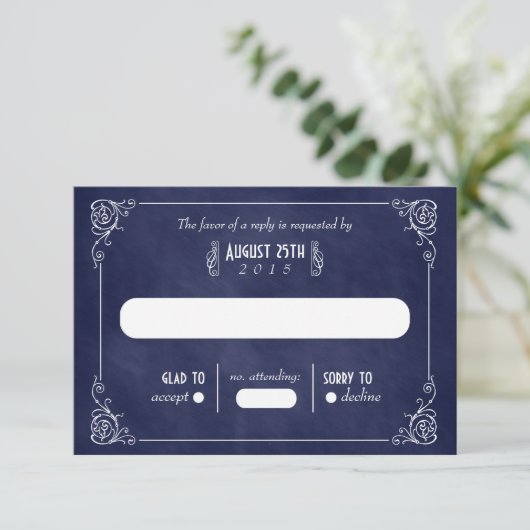 Navy Blue Chalkboard Art Deco Wedding RSVP Kaarten (Staand voorkant)