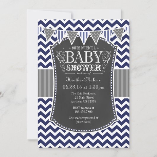 Navy Blue Chalkboard Chevron Baby shower Invite Kaart (Voorkant)