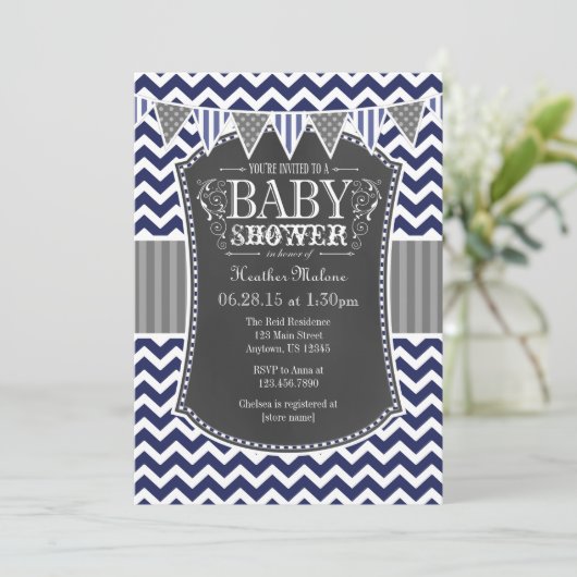 Navy Blue Chalkboard Chevron Baby shower Invite Kaart (Staand voorkant)
