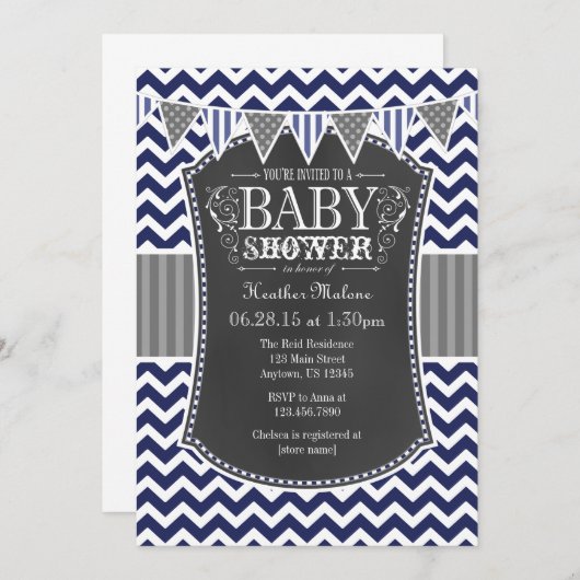 Navy Blue Chalkboard Chevron Baby shower Invite Kaart (Voorkant / Achterkant)