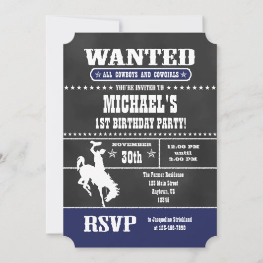 Navy Blue Chalkboard Cowboy Birthday Uitnodiging (Voorkant)
