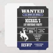 Navy Blue Chalkboard Cowboy Birthday Uitnodiging (Voorkant / Achterkant)