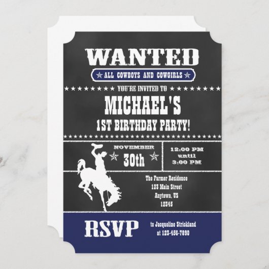 Navy Blue Chalkboard Cowboy Birthday Uitnodiging (Voorkant / Achterkant)