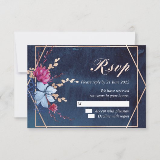 Navy Blue Chalkboard Floral RSVP Response Kaart (Voorkant)