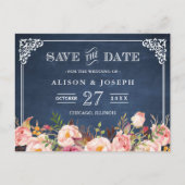 Navy Blue Chalkboard Floral Wedding Save the Date Aankondigingskaart (Voorkant)