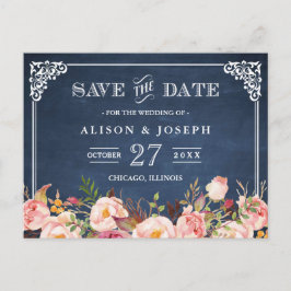 Navy Blue Chalkboard Floral Wedding Save the Date Aankondigingskaart