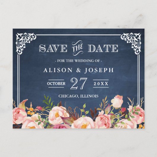 Navy Blue Chalkboard Floral Wedding Save the Date Aankondigingskaart (Voorkant)
