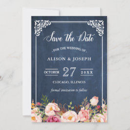 Navy Blue Chalkboard roze Floral Save the Date