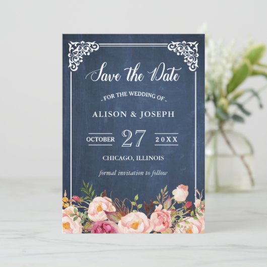 Navy Blue Chalkboard roze Floral Save the Date (Staand voorkant)