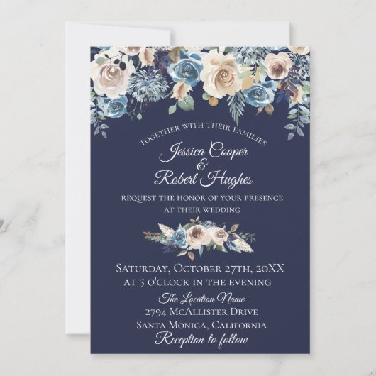 Navy Blue Champagne Bloemen Uitnodiging voor het H (Voorkant)