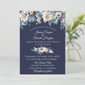 Navy Blue Champagne Bloemen Uitnodiging voor het H (Staand voorkant)