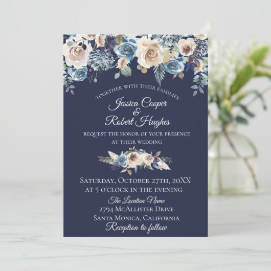 Navy Blue Champagne Bloemen Uitnodiging voor het H (Staand voorkant)