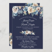 Navy Blue Champagne Bloemen Uitnodiging voor het H (Voorkant / Achterkant)