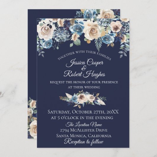 Navy Blue Champagne Bloemen Uitnodiging voor het H (Voorkant / Achterkant)