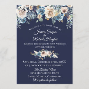 Navy Blue Champagne Bloemen Uitnodiging voor het H