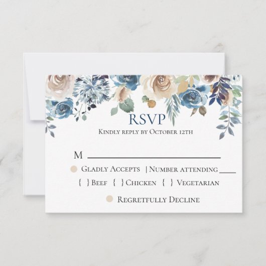 Navy Blue Champagne Floral Wedding RSVP (Voorkant)