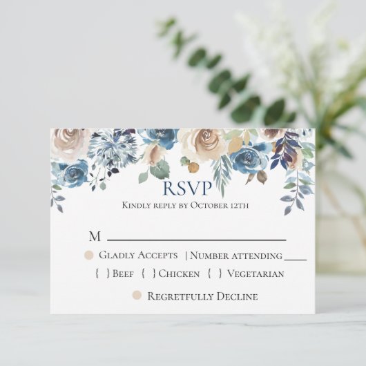 Navy Blue Champagne Floral Wedding RSVP (Staand voorkant)