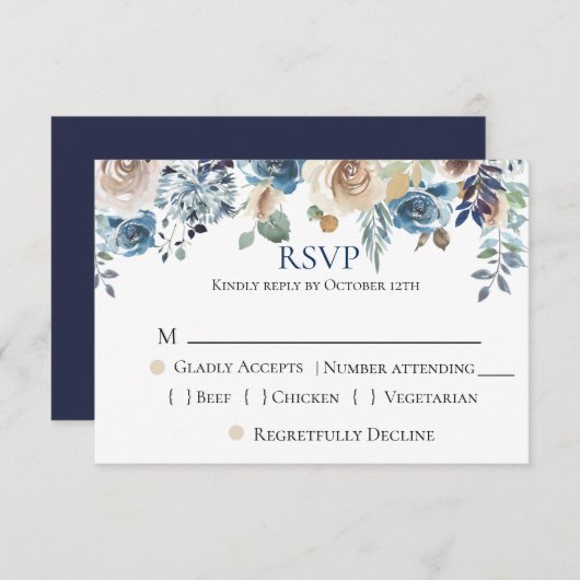 Navy Blue Champagne Floral Wedding RSVP (Voorkant / Achterkant)