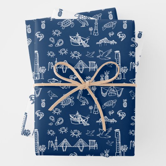 Navy Blue Charleston Toile Gift Wrap Inpakpapier Vel (In situ)