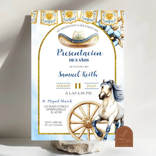 Navy Blue Charro Presentacion de 3 anos Invitatio Kaart
